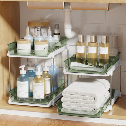 Delamu 2-Tier Multi-Purpose Bathroom Under Sink Organizers and Storage, Stackable Kitchen Pantry Organization, Pull Out Medicine Cabinet Organizer with Movable Dividers, White, 2 Pack