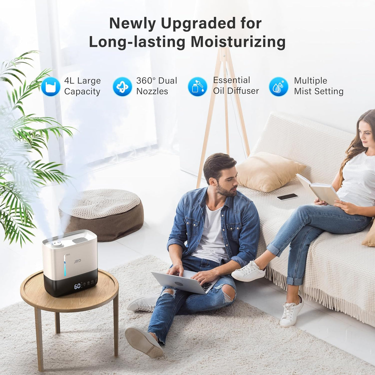 JRD Humidifiers 4L for Bedroom, Cool Mist Humidifier for Large Room, 40H Runtime, Night Light, 360° Nozzlefor Home, Office, Baby Nursery, Plants