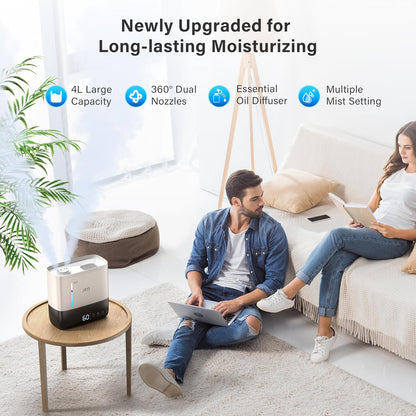 JRD Humidifiers 4L for Bedroom, Cool Mist Humidifier for Large Room, 40H Runtime, Night Light, 360° Nozzlefor Home, Office, Baby Nursery, Plants
