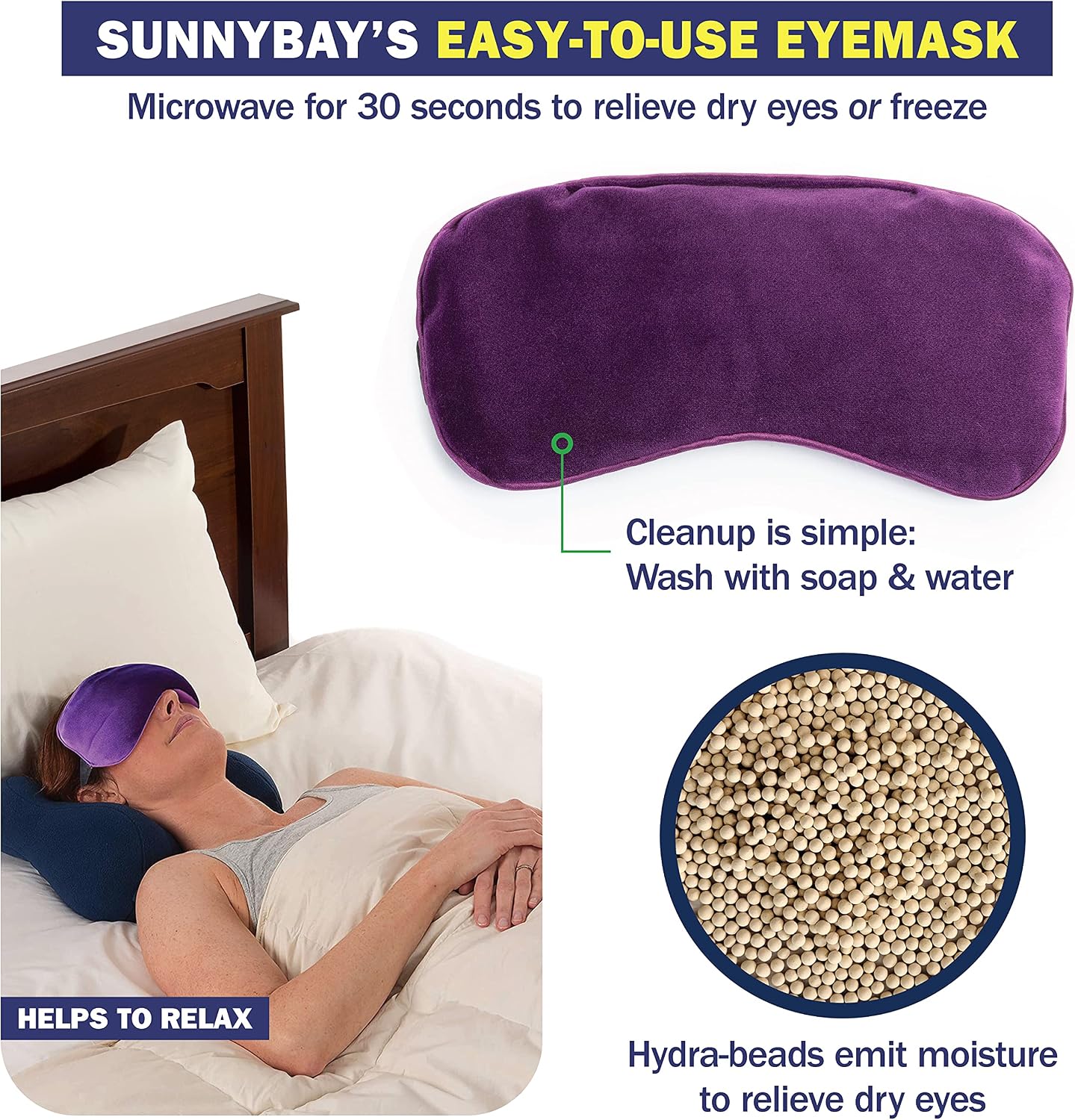 SunnyBay Microwavable Heated Eye Mask for Dry Eyes, Moist Cold and Warm Compress for Eyes with Elastic Strap and Unscented Hydra Bead Filling, Washable Soft Plush Material, 7.9 x 4.3 Inches