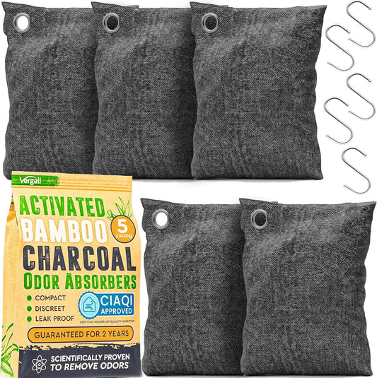 Activated Charcoal Odor Absorber for Strong Odors in Car, Closet, Shoe, Basement. 5 Activated Charcoal Bags Odor Absorbers for Home. Bamboo Charcoals Air Purifying Bag Charcoals Deodorizer Eliminator
