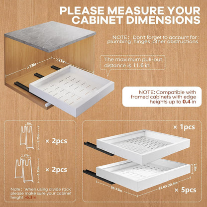Seinloes 2Pack Expandable Pull Out Cabinet Organizer 21"Deep With Raising Pad for Framed Cabinets, Upgrade 3 Slide Rails Slide Out Drawers, Roll Out Shelves Adhesive,Adjustable Width 12.05"-20.4"White