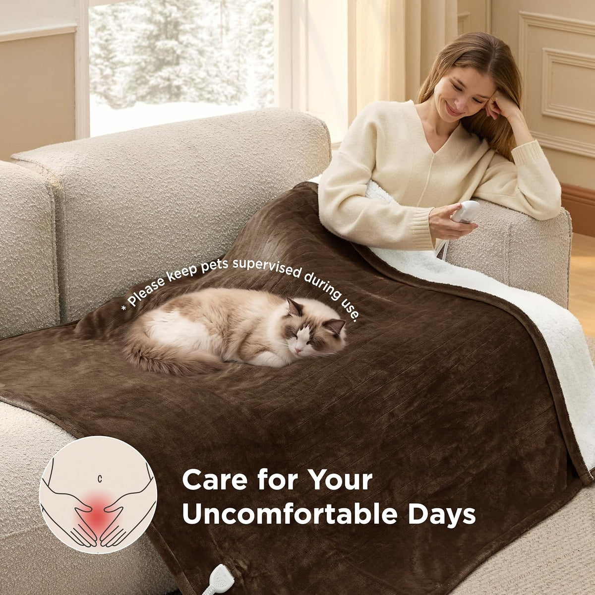 Bedsure Heated Blanket Throw, Soft Electric Blanket with Preheat, Cream