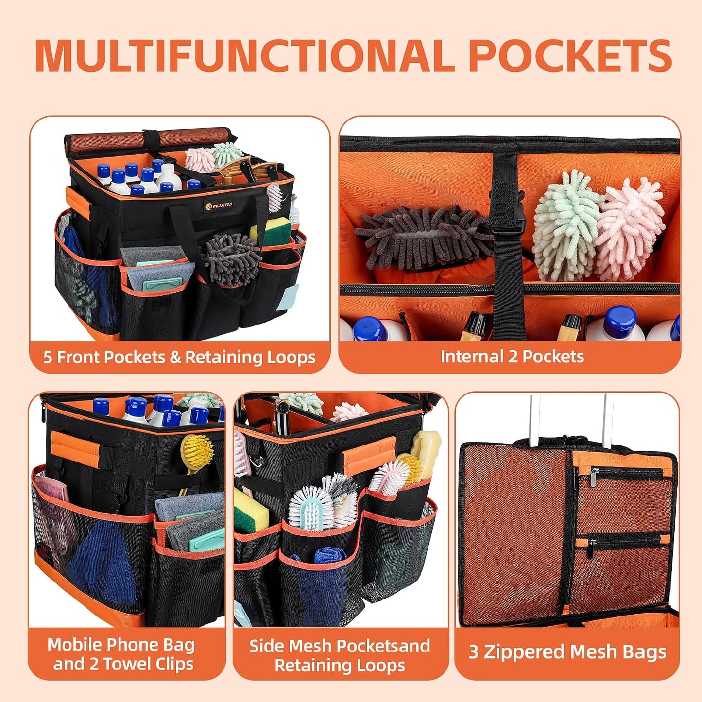 WILAXI PRO Large Rolling Cleaning Caddy with Wheels and Detachable Trolley, Extra Large Water-Resistant Cleaning Cart for Housekeepers, Cleaning Supplies Organizer with Multi-Pockets Tools Storage