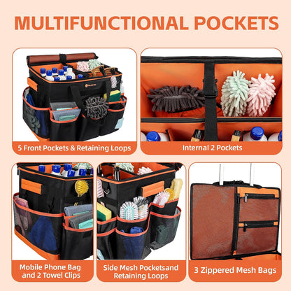 WILAXI PRO Large Rolling Cleaning Caddy with Wheels and Detachable Trolley, Extra Large Water-Resistant Cleaning Cart for Housekeepers, Cleaning Supplies Organizer with Multi-Pockets Tools Storage