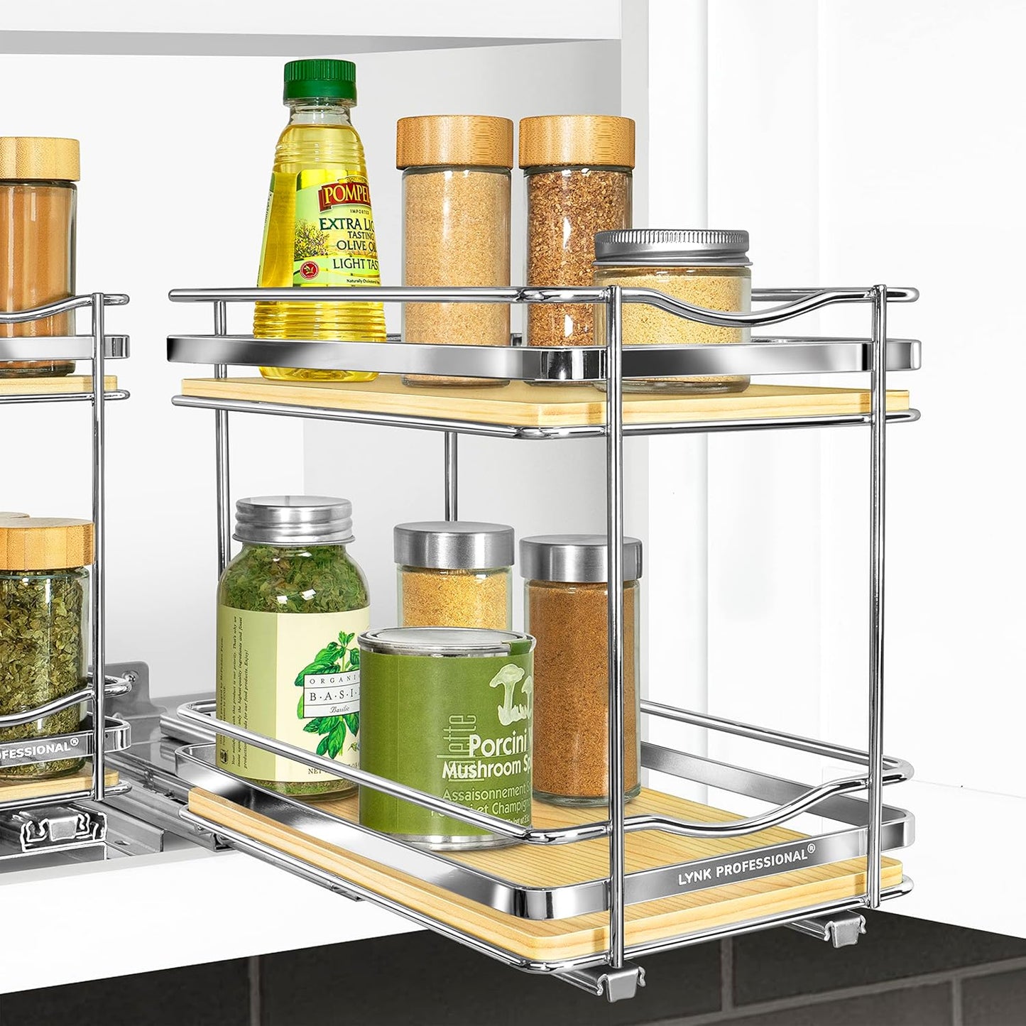 LYNK PROFESSIONAL® Pull Out Spice Organization for Cabinets - 4-3/8 inch Wide – Spice Rack for Inside Cabinets, Slide Out Spice Rack Organizer for cabinet – Pull Out Spice Rack, Sliding 2 Tier Chrome