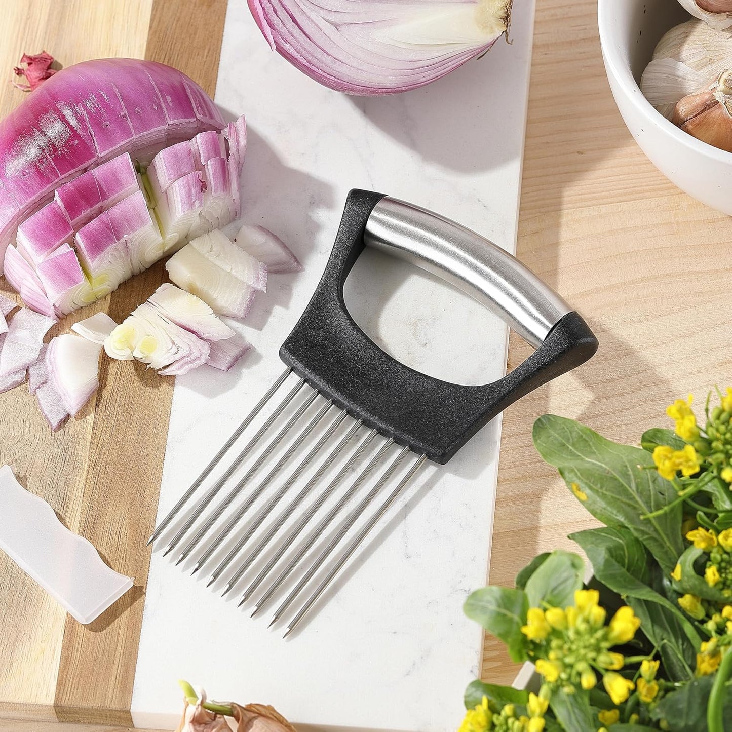 Onion Slicer, Mumulo Stainless Steel Onion Cutter for Slicing and Storage Onions, Tomato, Eggs and Vegetables, Protective Cover Included, Dishwasher Safe (Black)