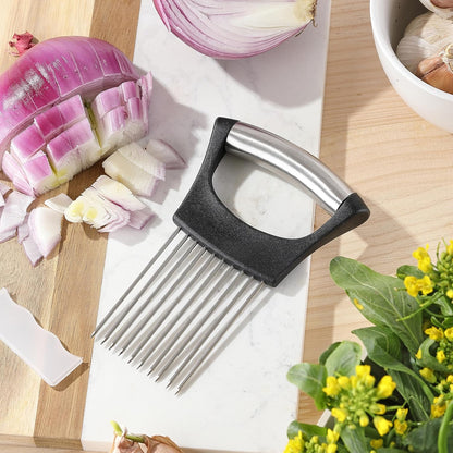 Onion Slicer, Mumulo Stainless Steel Onion Cutter for Slicing and Storage Onions, Tomato, Eggs and Vegetables, Protective Cover Included, Dishwasher Safe (Black)