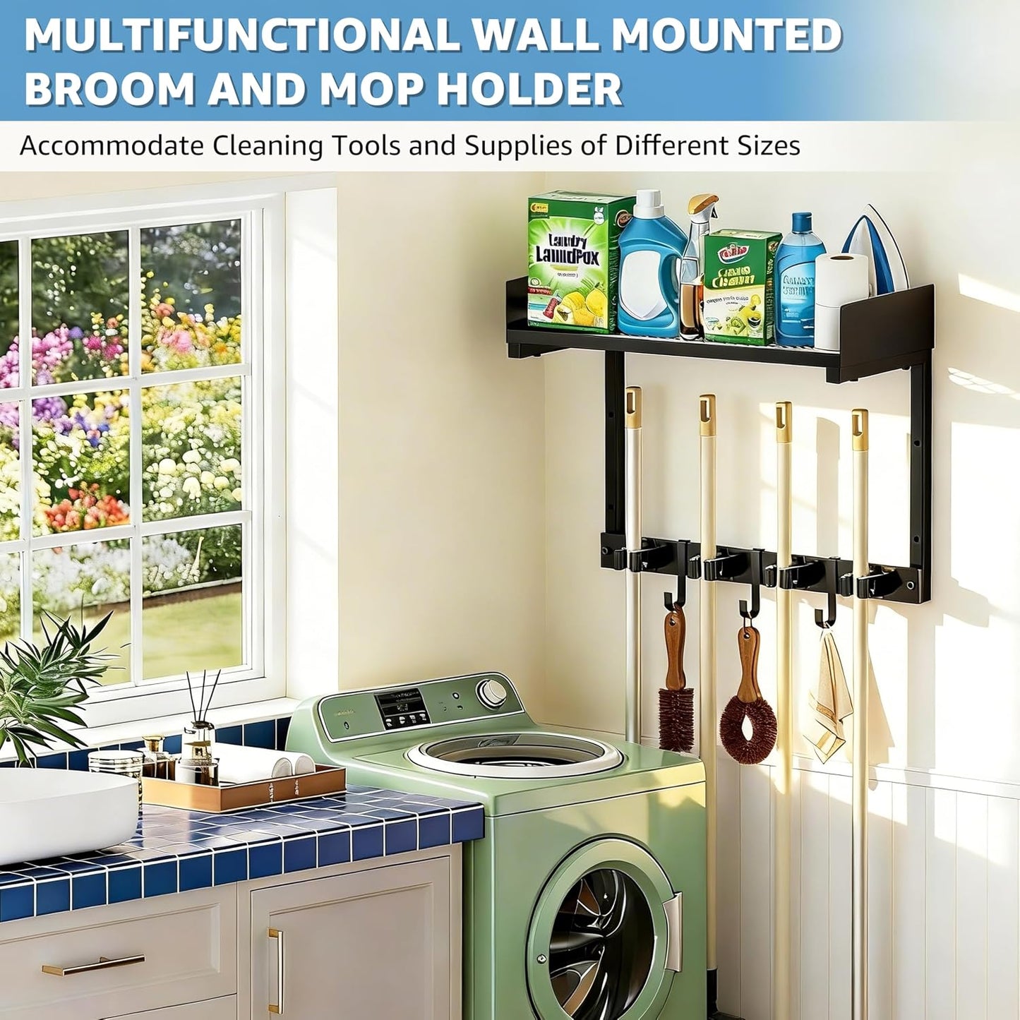 27" Mop and Broom Holder Wall Mount with Top Storage Shelf & Hooks,Black | Mop Hanger Wall Mount, 5 Grippers, 5 Hooks, Wall Organizer For Laundry Room, Garage And Kitchen
