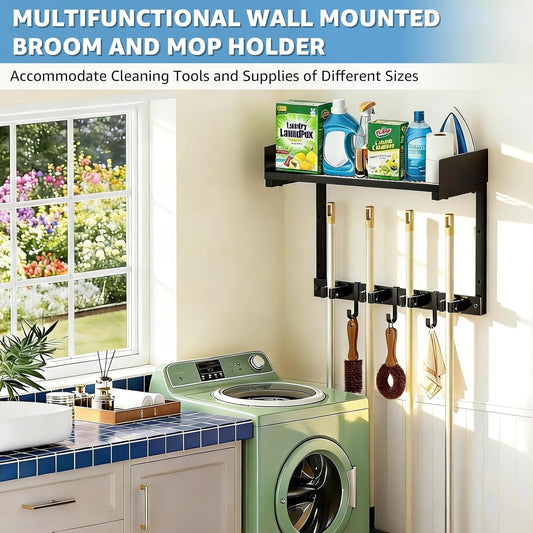 27" Mop and Broom Holder Wall Mount with Top Storage Shelf & Hooks,Black | Mop Hanger Wall Mount, 5 Grippers, 5 Hooks, Wall Organizer For Laundry Room, Garage And Kitchen
