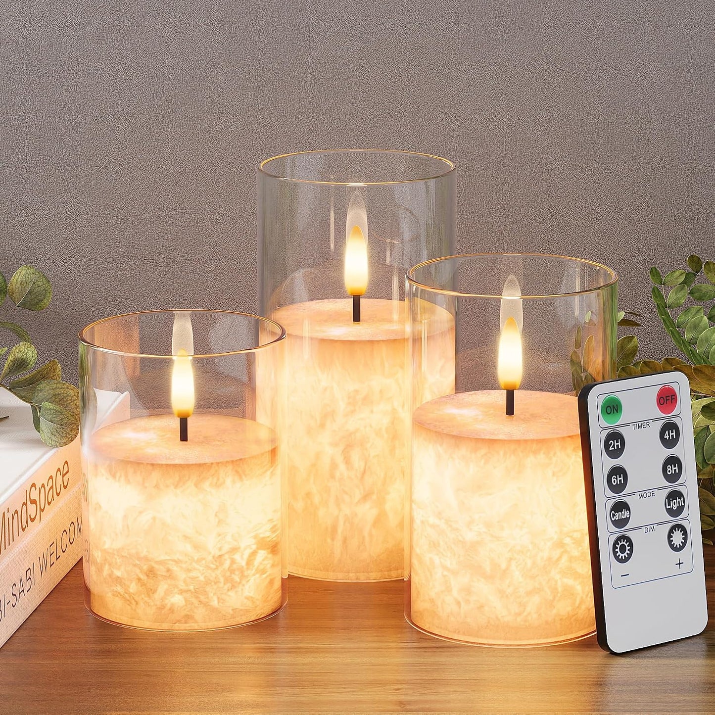 Battery Operated Flameless Candles with Remote & Timer, Gold Glass 3Pack | Real Wax Crystal Texture, D3×H4/5/6", 2/4/6/8H Timer, Dimming, Flickering Realistic LED Candles for Wedding Table Decor