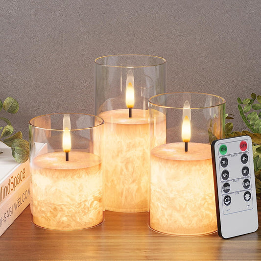 Battery Operated Flameless Candles with Remote & Timer, Gold Glass 3Pack | Real Wax Crystal Texture, D3×H4/5/6", 2/4/6/8H Timer, Dimming, Flickering Realistic LED Candles for Wedding Table Decor