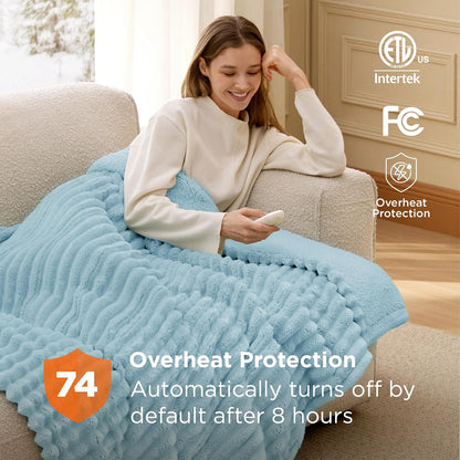 Bedsure Heated Blanket Electric Throw - Thick Striped Fast Heating Electric Blanket with Preheat Function, 6 Heat & 6 Timer (Up to 10H), 8H Auto Off, ETL Certified, Gifts for Women (50"x60", White)