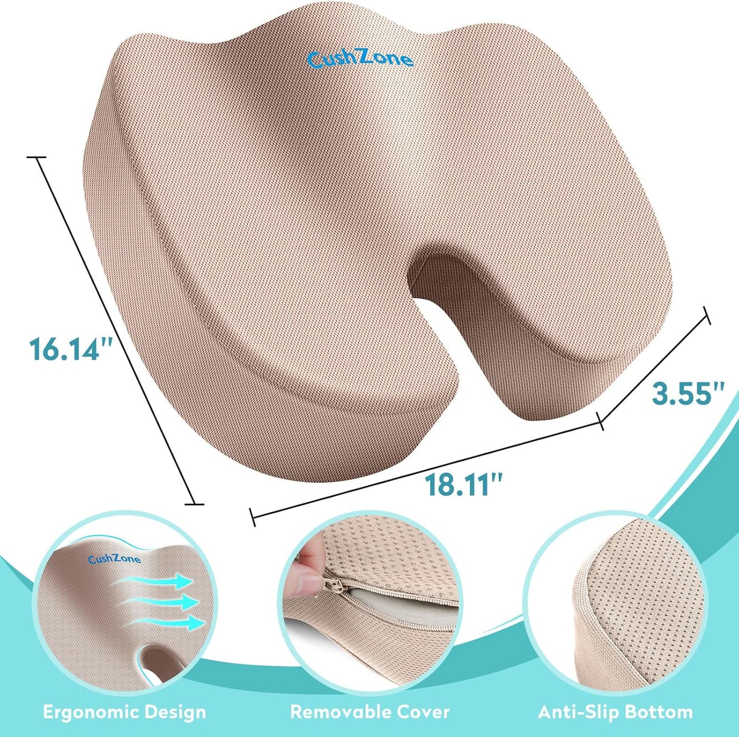 Gel Seat Cushion, Enhanced Memory Foam Cushion for Tailbone Pain, Black | Cooling Gel for Office Chair, U-shaped Design Chair Cushion for Gaming, Car, Wheelchair, Non-Slip Base, Washable Cover