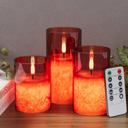 Battery Operated Flameless Candles with Remote & Timer, Gold Glass 3Pack | Real Wax Crystal Texture, D3×H4/5/6", 2/4/6/8H Timer, Dimming, Flickering Realistic LED Candles for Wedding Table Decor