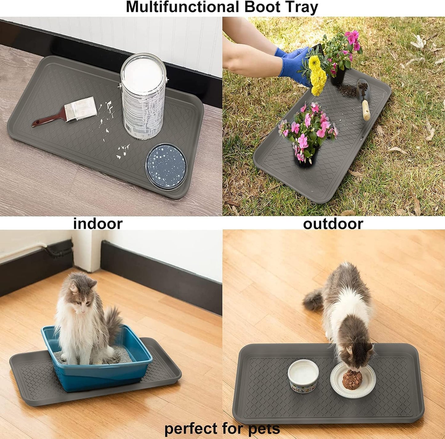 Finorder Boot & Shoe Trays, 2 Pack, 30" x 15" x 1.2", Gray | Multi-Purpose Duty Shoe Mat for Indoor and Outdoor, Plastic Pet Feeding Mat, Plastic Boot Tray for All Weather