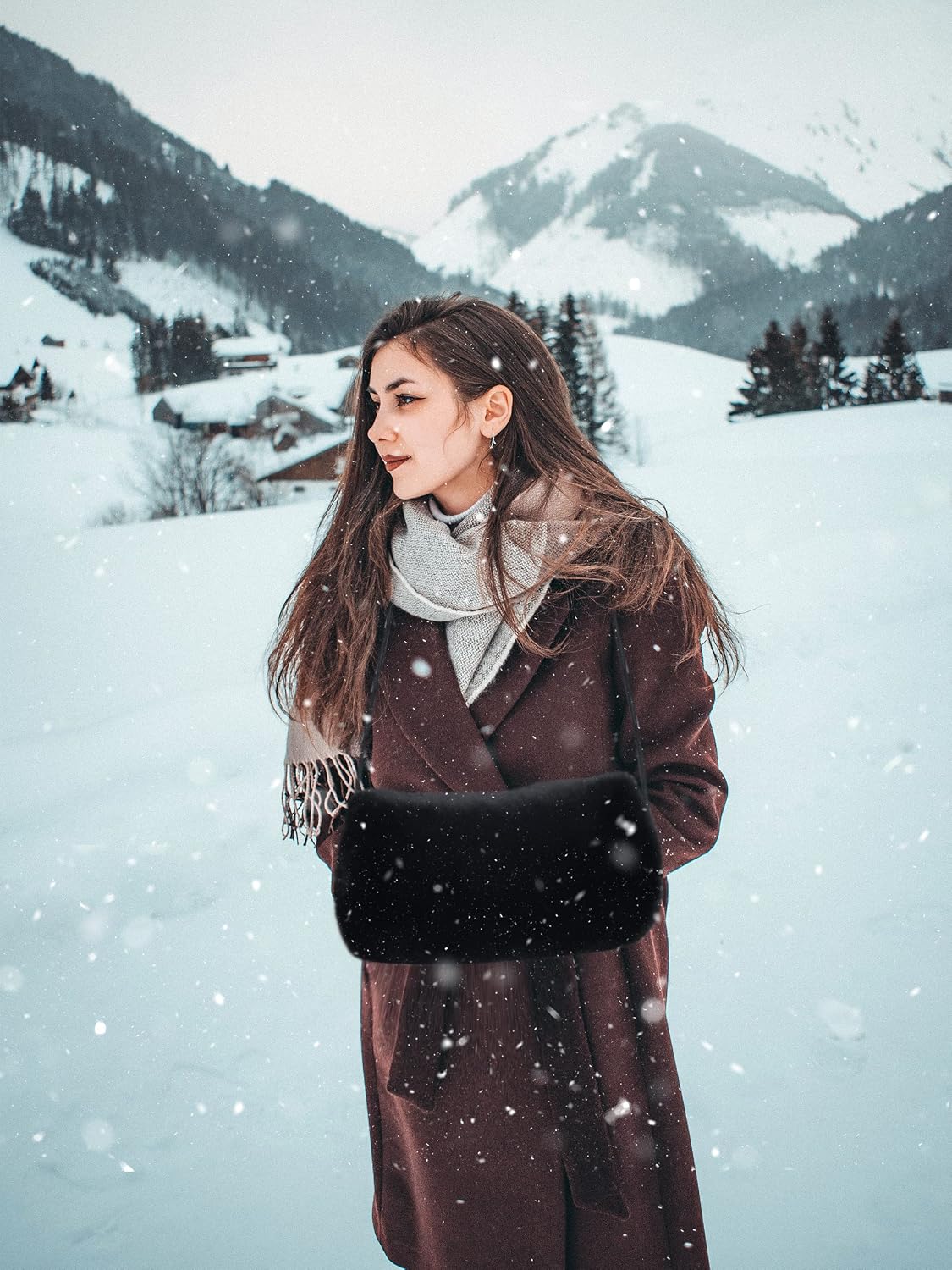 Faux Fur Hand Muff for Women Winter Hand Warm Warmer with PU Leather Strap
