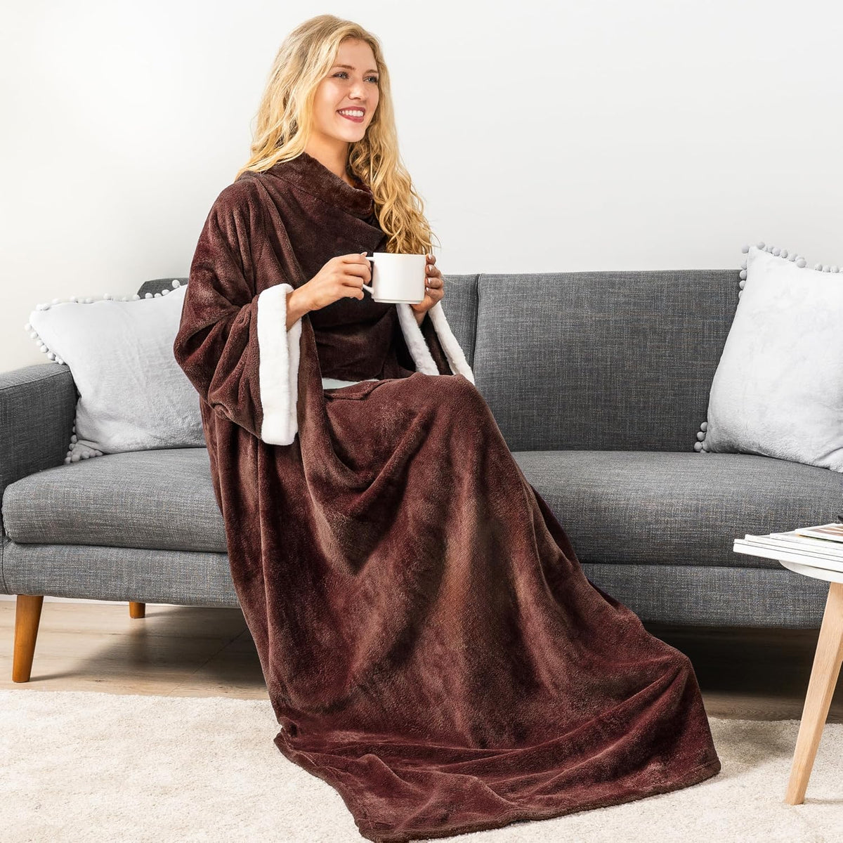 PAVILIA Wearable Blanket with Sleeves and Pocket for Women Men, Sherpa Trim