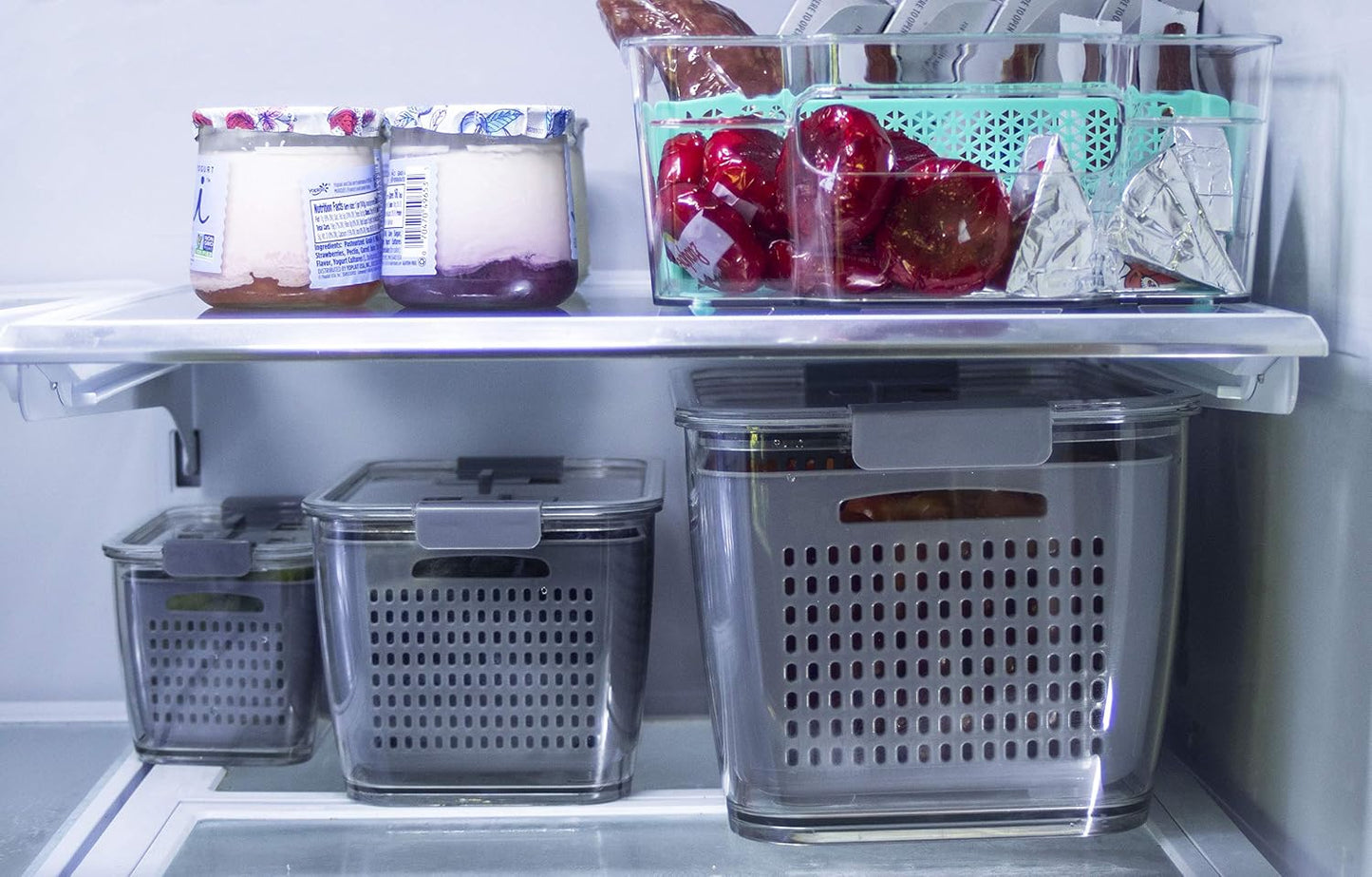 Kitchen Spaces Stackable Fridge Storage Colander Containers, Variety Pack | 3 Sizes to Store Fresh Produce, Organize Washed Fruits and Veggies, Snap and Seal Lids with Adjustable Vents, Hand Wash Only