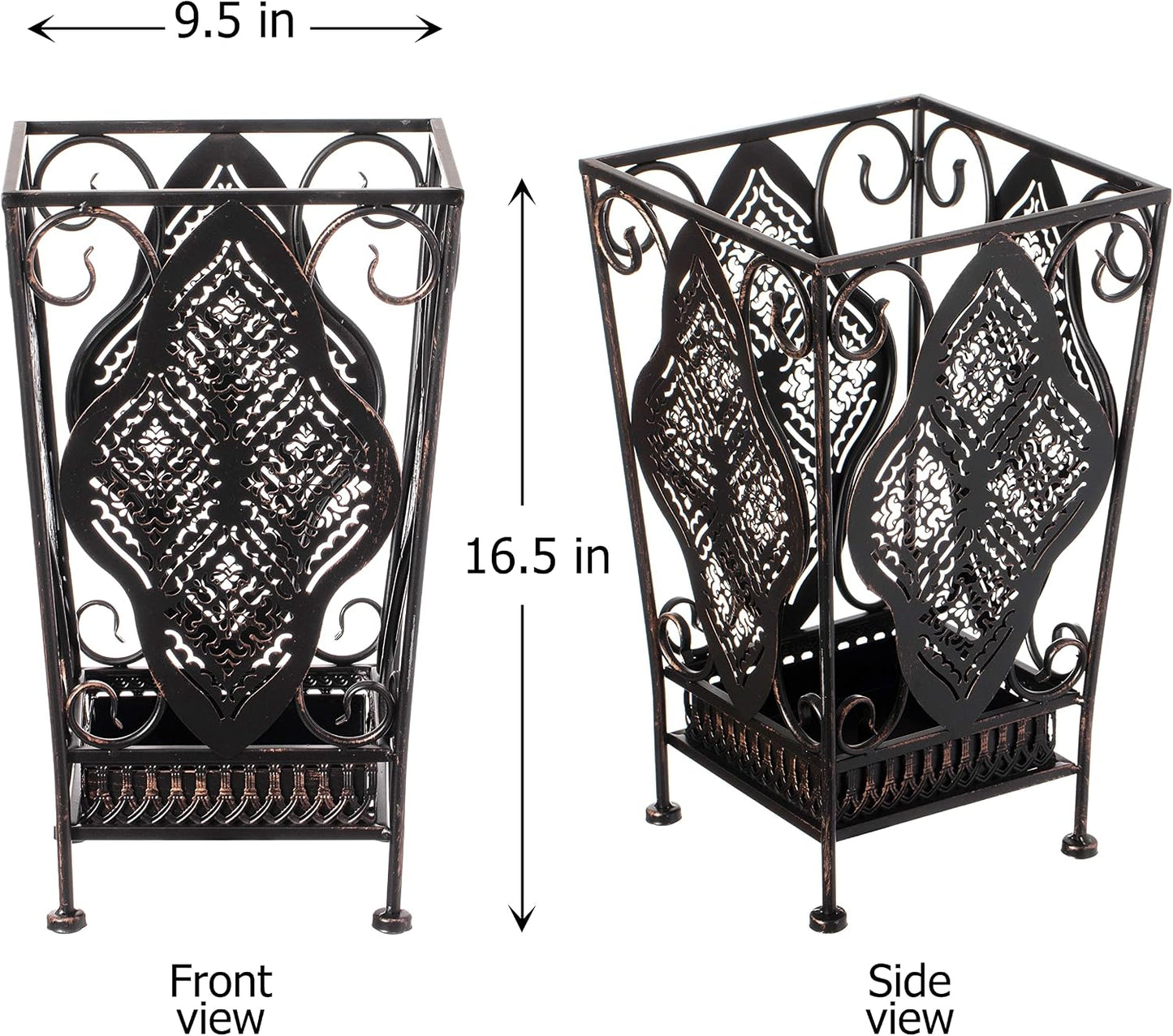 Dualplex Umbrella Holder Umbrella Stand Rack Metal Entry Hallway Décor w/Removable Drip Tray for Home Office Holds Umbrellas Canes Walking Sticks 16" Tall (Square, Antique)