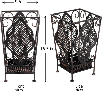 Dualplex Umbrella Holder Umbrella Stand Rack Metal Entry Hallway Décor w/Removable Drip Tray for Home Office Holds Umbrellas Canes Walking Sticks 16" Tall (Square, Antique)