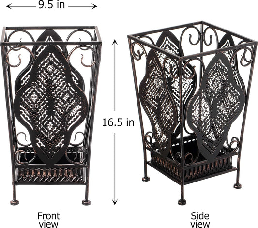 Dualplex Umbrella Holder Umbrella Stand Rack Metal Entry Hallway Décor w/Removable Drip Tray for Home Office Holds Umbrellas Canes Walking Sticks 16" Tall (Square, Antique)
