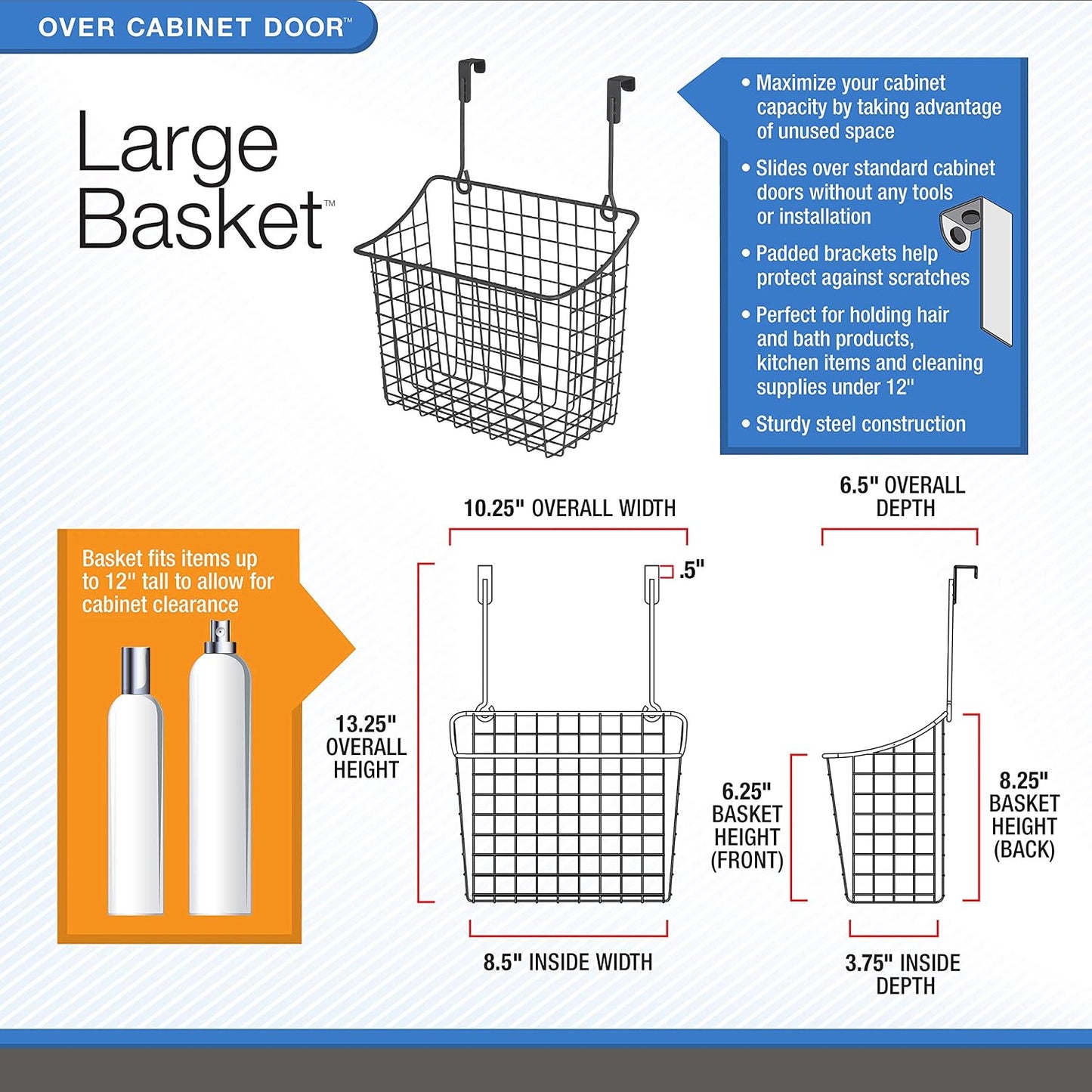 Spectrum Hanging Baskets for Organizing (Large, Satin Nickel) - Grid Over the Cabinet Wire Basket for Kitchen or Bathroom - Door Hanging Storage Organizer for Cleaning Supplies, Washcloths, & Towels
