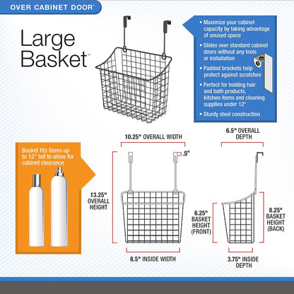 Spectrum Hanging Baskets for Organizing (Large, Satin Nickel) - Grid Over the Cabinet Wire Basket for Kitchen or Bathroom - Door Hanging Storage Organizer for Cleaning Supplies, Washcloths, & Towels