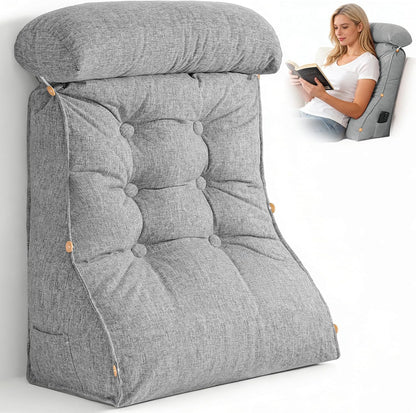23" H Bed Wedge Reading Pillow with Adjustable Headrest, Reading Pillow for Sitting in Bed Couch Adult Backrest Pillow for Neck Back Lumbar Support with Removable Washable Cover Light Gray