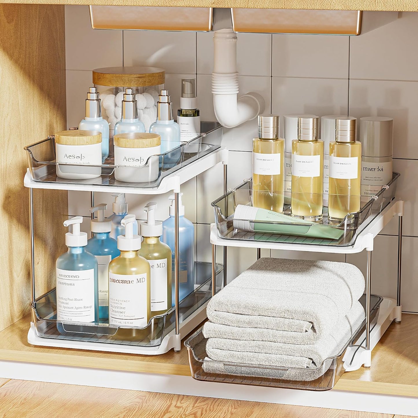 Delamu 2-Tier Multi-Purpose Bathroom Under Sink Organizers and Storage, Stackable Kitchen Pantry Organization, Pull Out Medicine Cabinet Organizer with Movable Dividers, White, 2 Pack