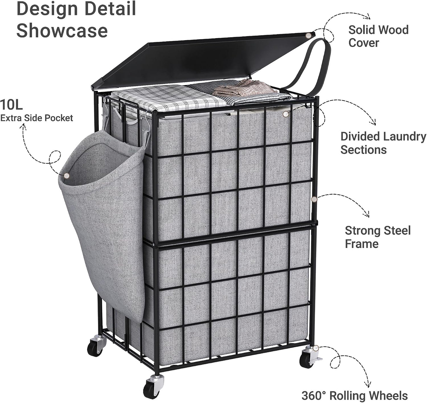 90L Laundry Basket with Wheels, Large Capacity Laundry Hamper with Removable Liner Bags, Heavy Duty Laundry Sorter with Solid Wood Lid & Leather Handles, Grey