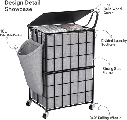 90L Laundry Basket with Wheels, Large Capacity Laundry Hamper with Removable Liner Bags, Heavy Duty Laundry Sorter with Solid Wood Lid & Leather Handles, Grey