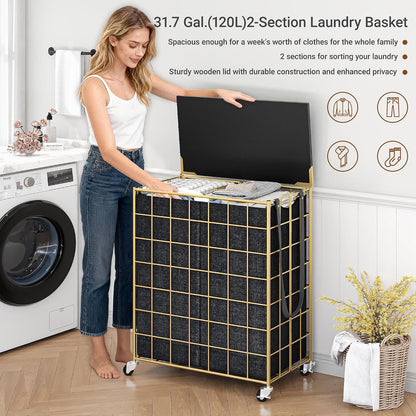 90L Laundry Basket with Wheels, Large Capacity Laundry Hamper with Removable Liner Bags, Heavy Duty Laundry Sorter with Solid Wood Lid & Leather Handles, Grey