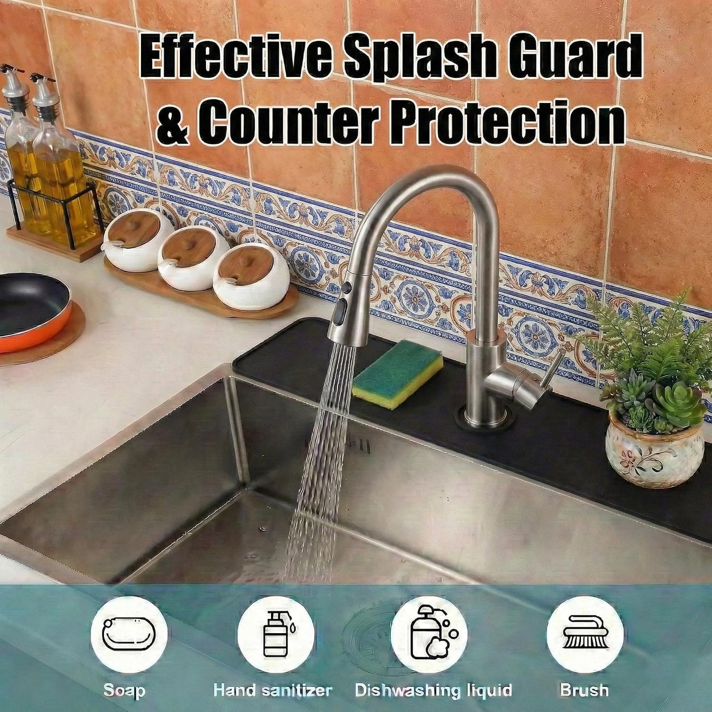 33 Lx5.5 W Long Kitchen Sink Faucet Mat: Customizable Black Splash Guard with Pre-Cut Center Hole for Large Double bowl Sink, DIY to Fits irregular & 2, 3, 4 hole sinks with Soap Dispenser & Air Gap