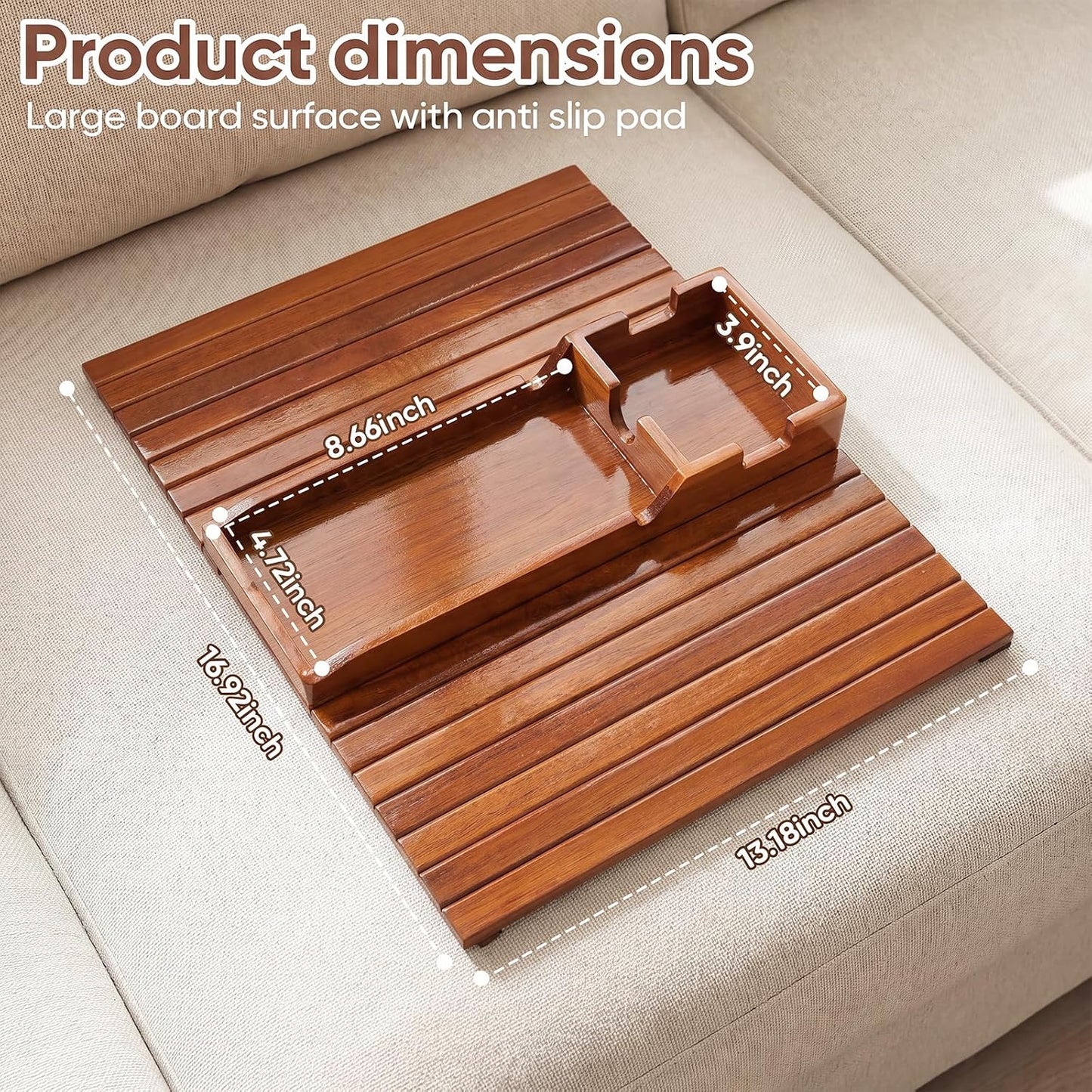 Bamboo Couch Arm Tray Table with Built-in Cup Holder, Foldable Anti-Slip Sofa Armrest Table for Drinks, Phone & Remote, Fits 4.7–16.9 in Armrests, Holds Cups up to 3.5 in Diameter (Bamboo)