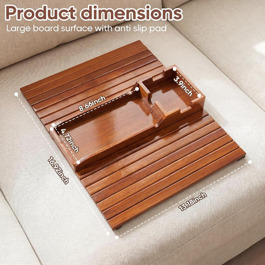 Bamboo Couch Arm Tray Table with Built-in Cup Holder, Foldable Anti-Slip Sofa Armrest Table for Drinks, Phone & Remote, Fits 4.7–16.9 in Armrests, Holds Cups up to 3.5 in Diameter (Bamboo)