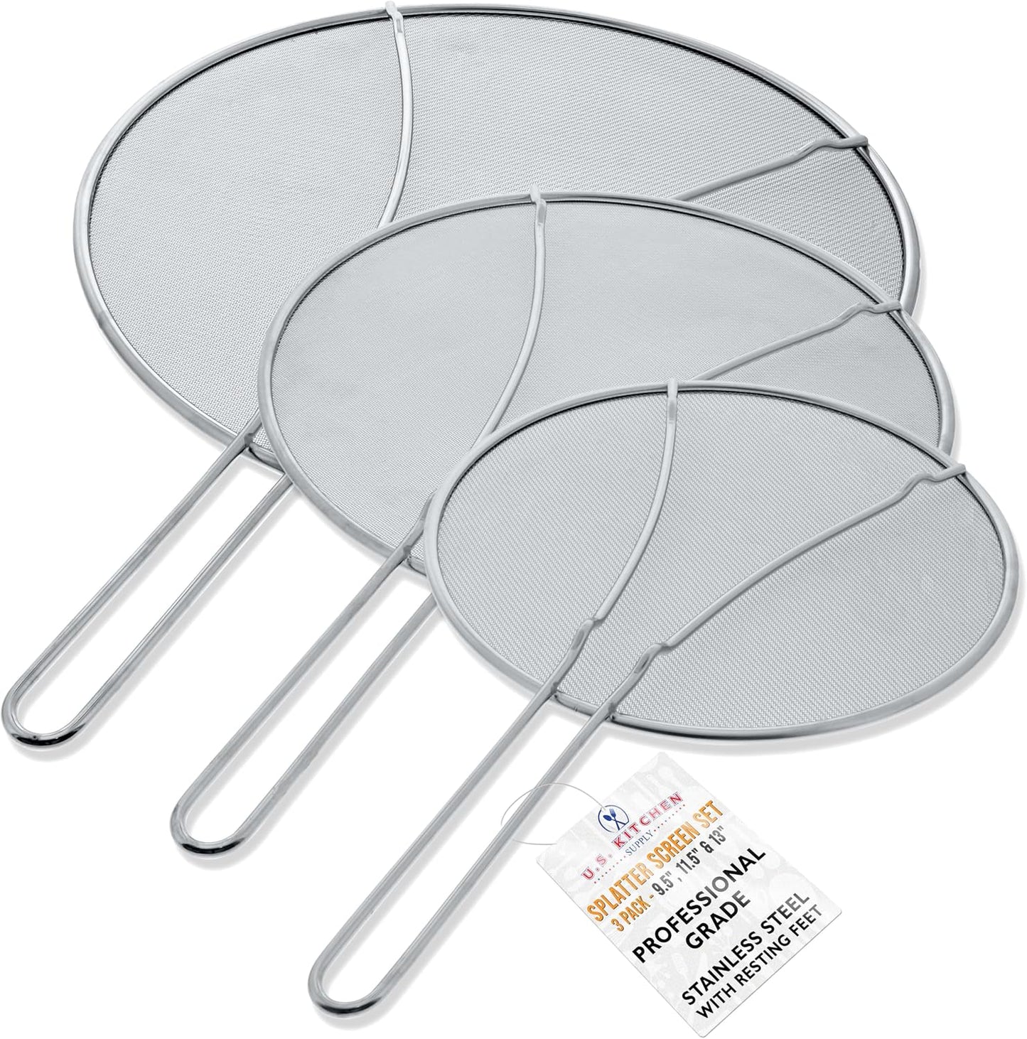 U.S. Kitchen Supply Stainless Steel Splatter Guard 13" Fine Mesh Cover, Grease & Oil, Splatter Screen for Frying Pan, Cooking Pots, with Resting Feet