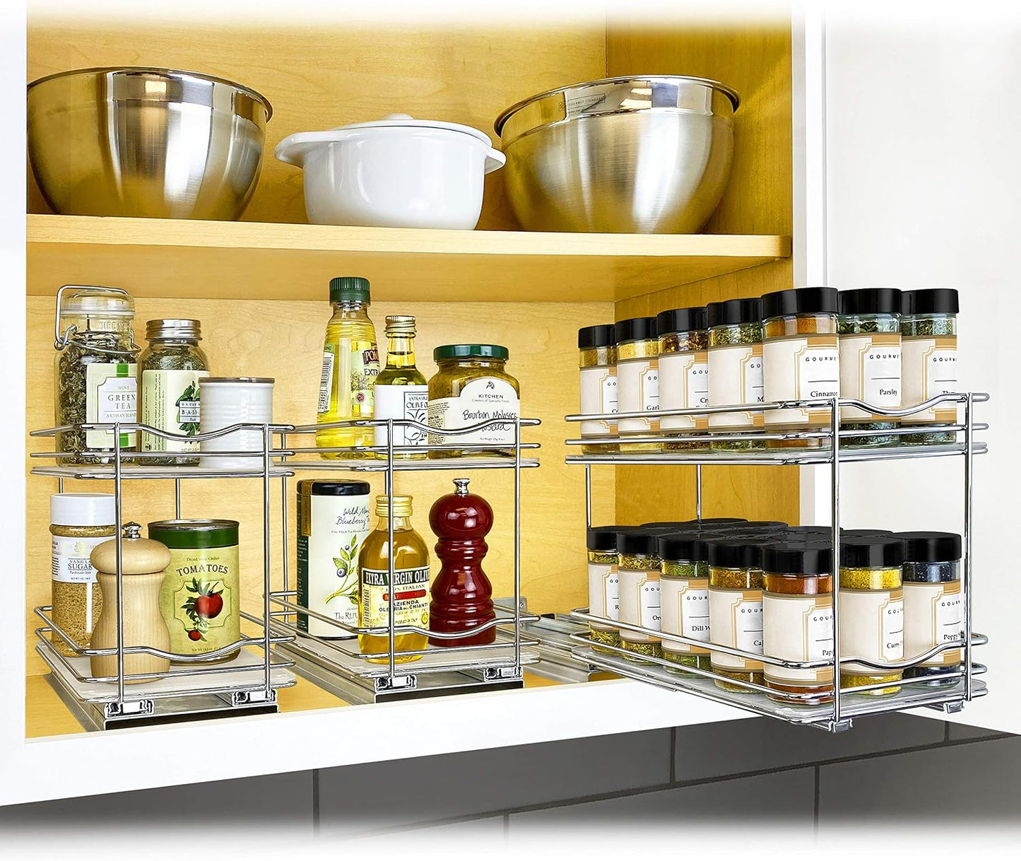 LYNK PROFESSIONAL® Pull Out Spice Organization for Cabinets - 4-3/8 inch Wide – Spice Rack for Inside Cabinets, Slide Out Spice Rack Organizer for cabinet – Pull Out Spice Rack, Sliding 2 Tier Chrome