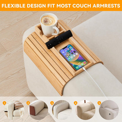 GEHE Bamboo Couch Cup Holder, Anti-Spill Sofa Arm Tray, Natural and Easy to Clean Couch Arm Cup Holder Armrest Tray Perfect for Cups, Beers, Snacks, Remote Control, Drinks