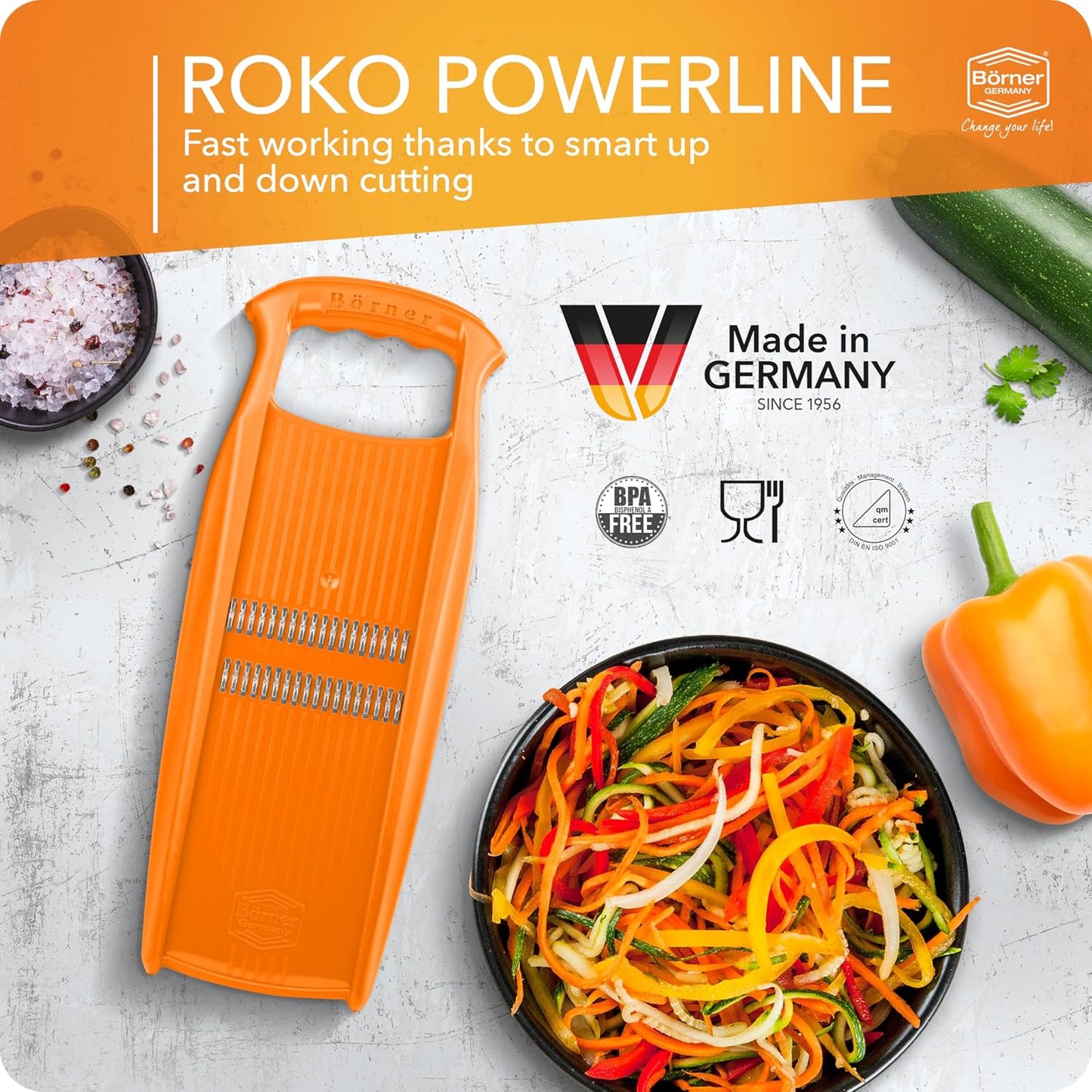Börner Roko PowerLine Vegetable Slicer Set (2-piece) • Fine Julienne Cutter for Fruit and Vegetables + Safety Guard • Julienne Slicer • Mandoline Slicer Set • Kitchen Slicer (Red)