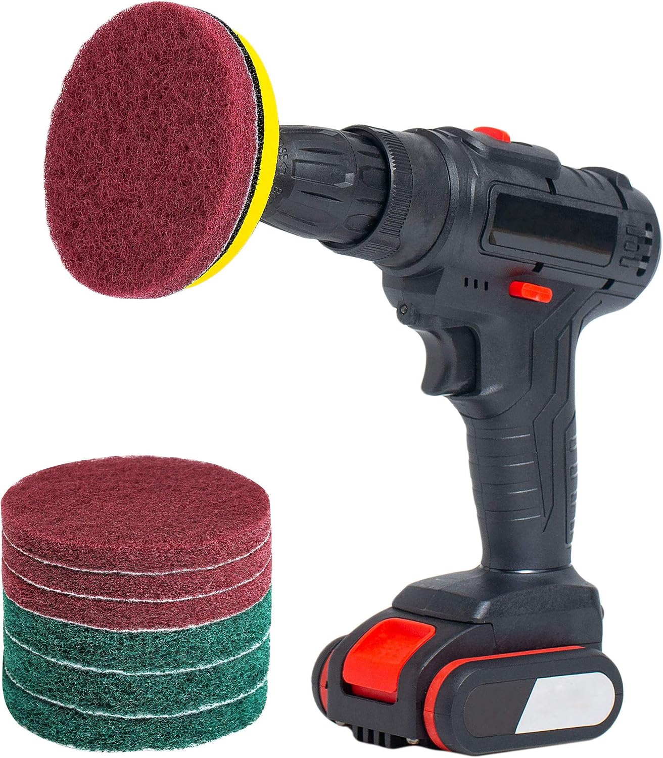 SCRUBIT Drill Brush Power Scouring Pads - Heavy Duty Tub and Tile Cleaner - Drill Scrubber Brush kit Includes Drill Attachment, 3 Red, 3 Stiff Green Scrubber Pads