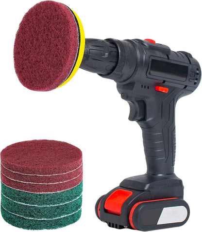 SCRUBIT Drill Brush Power Scouring Pads - Heavy Duty Tub and Tile Cleaner - Drill Scrubber Brush kit Includes Drill Attachment, 3 Red, 3 Stiff Green Scrubber Pads