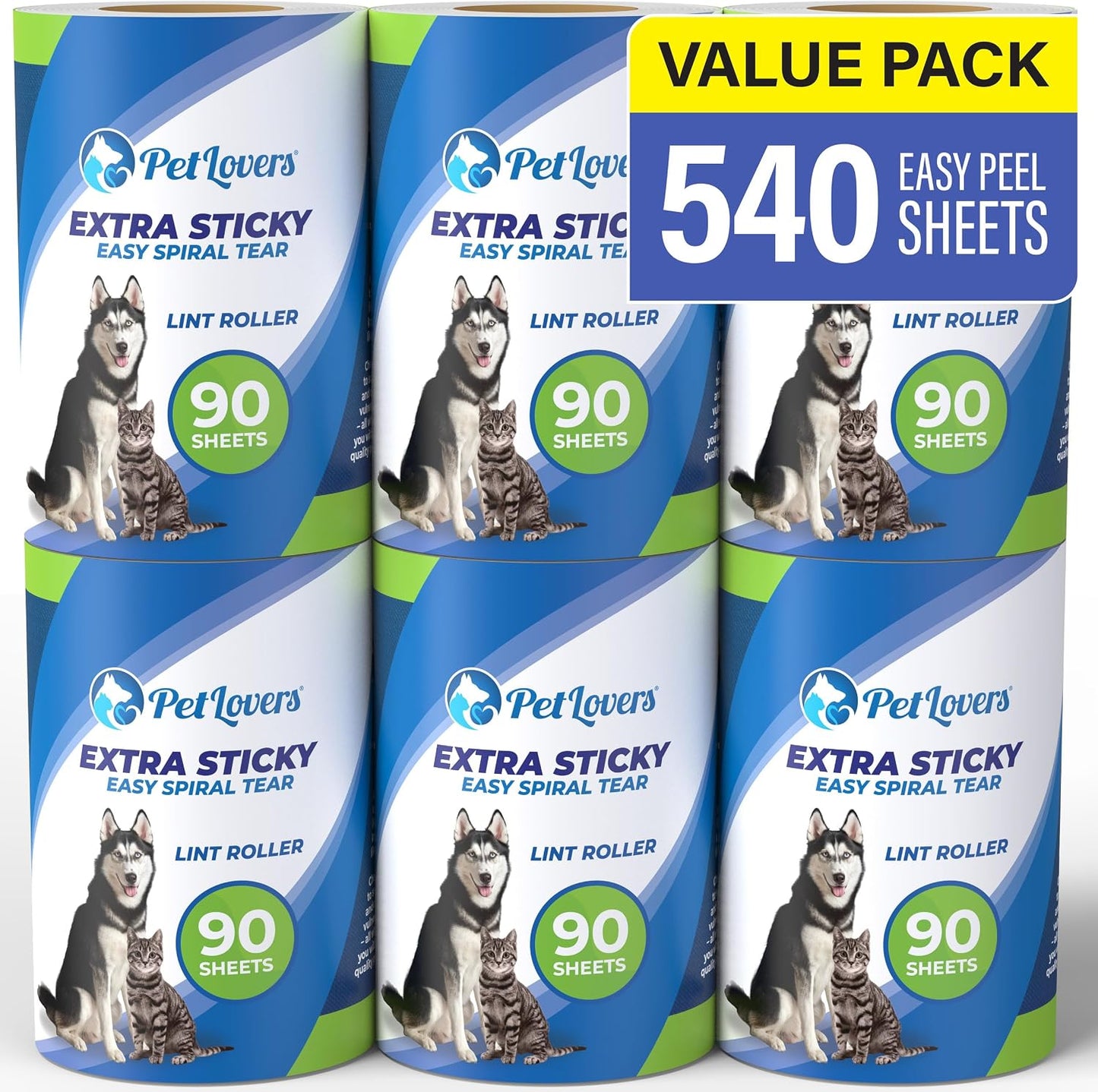 PetLovers Extra Sticky Lint Roller Mega Value Set 450 Sheets for Pet Hair Removal and Clothes, Dog and Cat Lint Remover 5 Pack