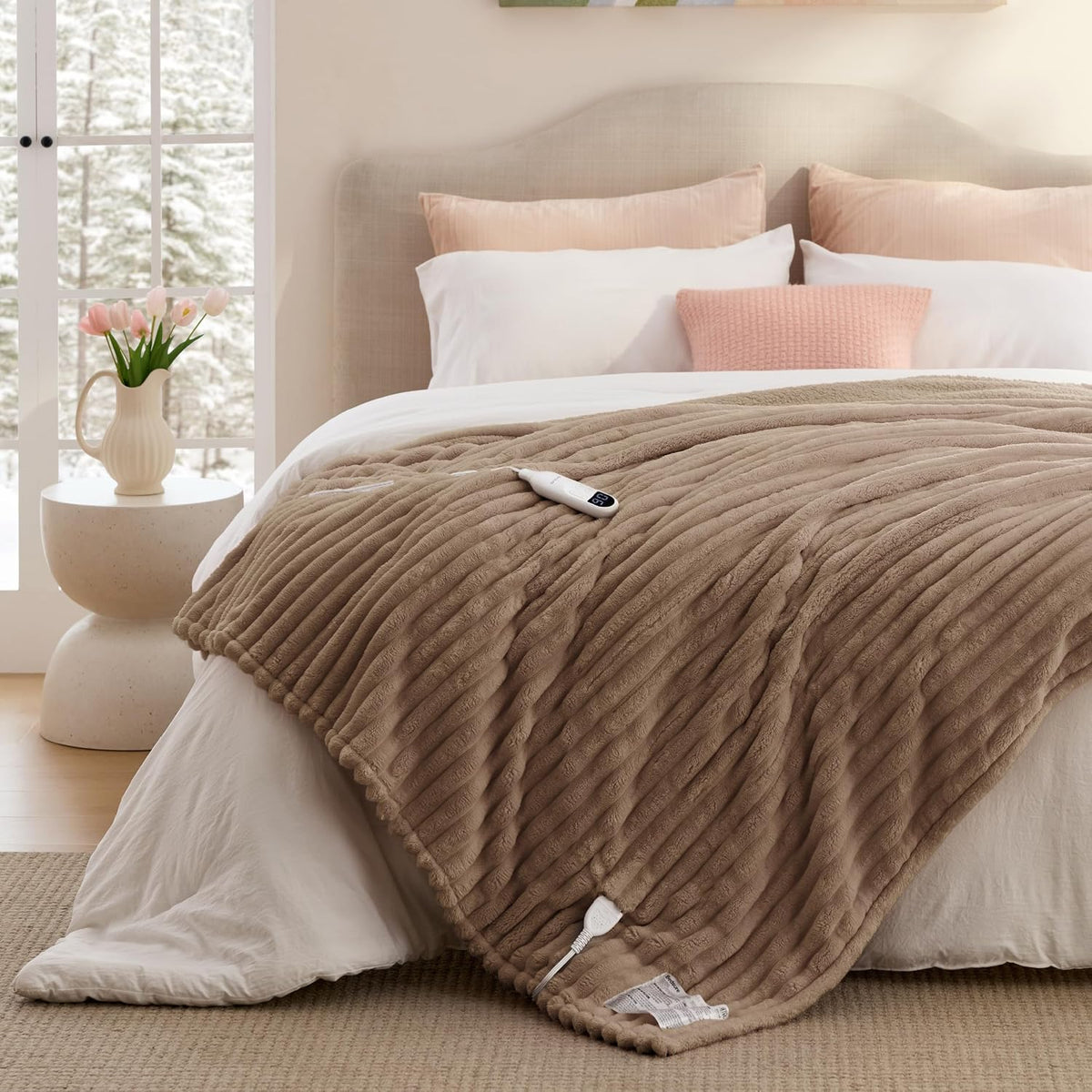 Bedsure Heated Blanket Electric Throw - Thick Striped Fast Heating Electric Blanket with Preheat Function, 6 Heat & 6 Timer (Up to 10H), 8H Auto Off, ETL Certified, Gifts for Women (50"x60", White)