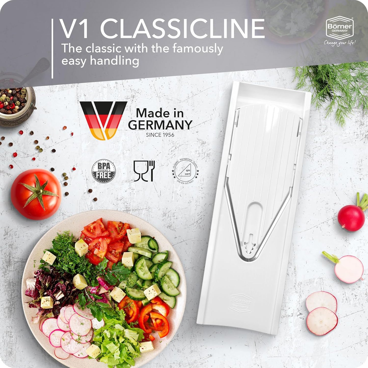 Borner Mandoline Food Slicer V1 (Basic Set) by Reston Lloyd • V-Slicer with Food Holder • Made in Germany • Fruit & Vegetable Chopper • Multiple Settings • Color: Red