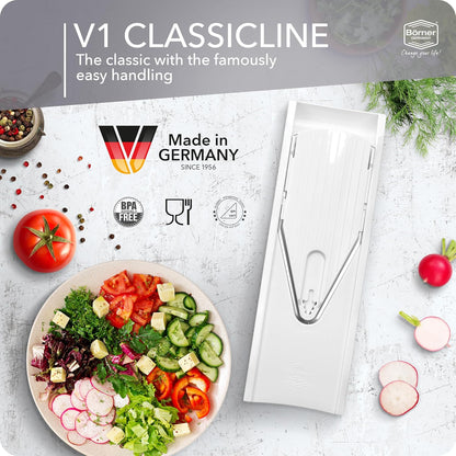 Borner Mandoline Food Slicer V1 (Basic Set) by Reston Lloyd • V-Slicer with Food Holder • Made in Germany • Fruit & Vegetable Chopper • Multiple Settings • Color: Red