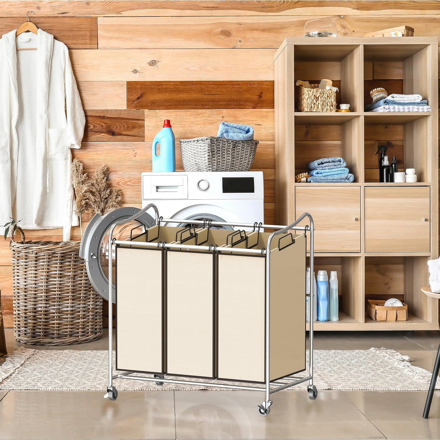 Simple Houseware Heavy Duty 3-Bag Laundry Sorter Rolling Cart, Dark Grey | Removable Bags and Lockable Wheels for Laundry Room Organization