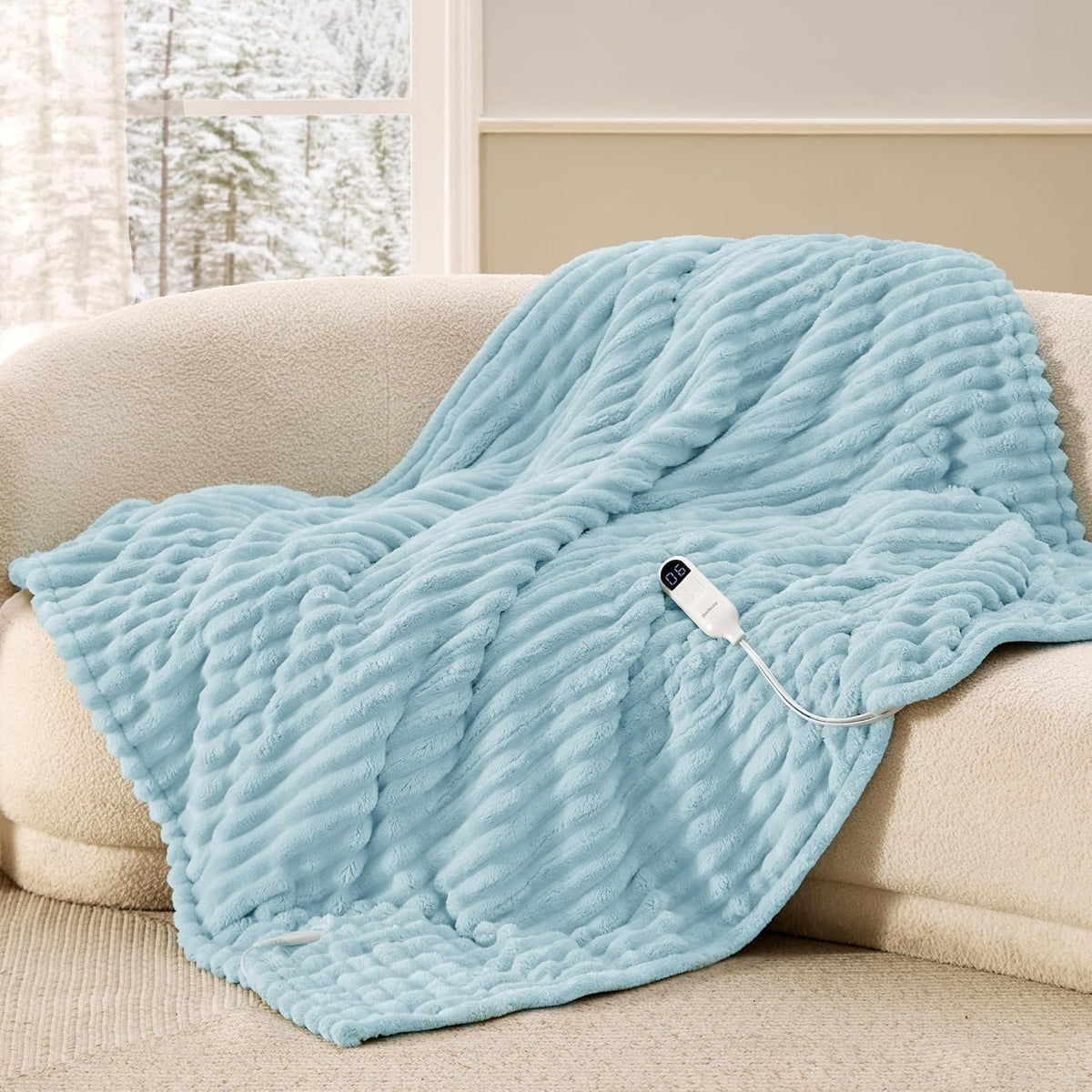 Bedsure Heated Blanket Electric Throw - Thick Striped Fast Heating Electric Blanket with Preheat Function, 6 Heat & 6 Timer (Up to 10H), 8H Auto Off, ETL Certified, Gifts for Women (50"x60", White)
