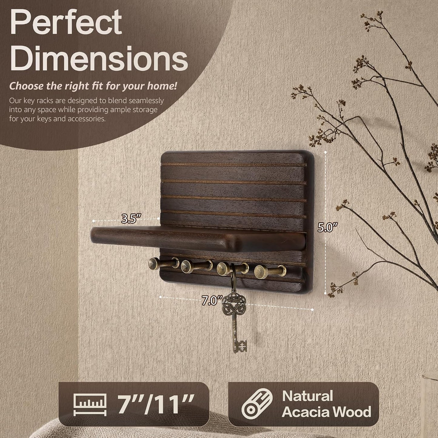 Rebee Vision Pine Wood Key Holder Wall Mount with Shelf for Entryway, Brown | 6 Key Hooks, Round Corner, Smooth&Hand-Friendly, Clear Wood Texture, Space-Saving Design, Organize Mail & Letter
