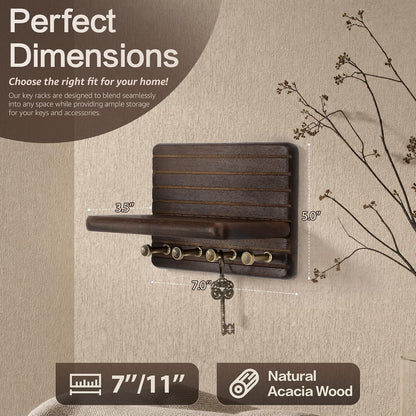 Rebee Vision Pine Wood Key Holder Wall Mount with Shelf for Entryway, Brown | 6 Key Hooks, Round Corner, Smooth&Hand-Friendly, Clear Wood Texture, Space-Saving Design, Organize Mail & Letter